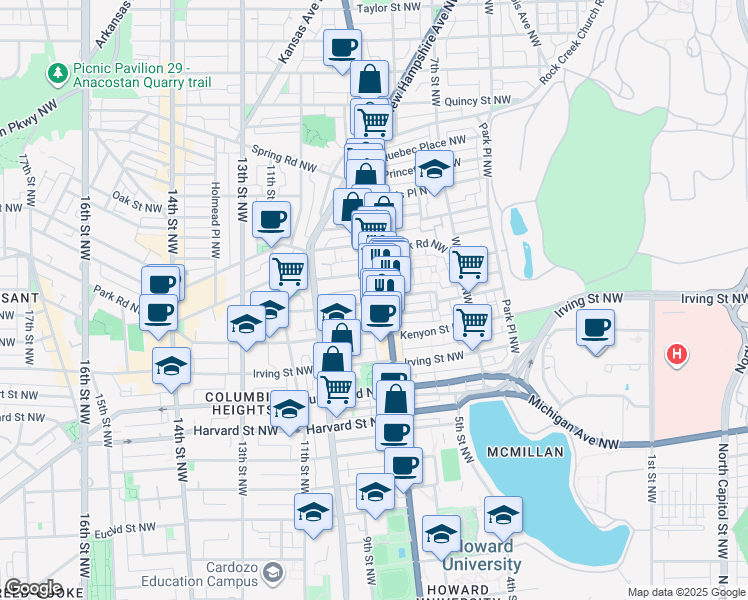map of restaurants, bars, coffee shops, grocery stores, and more near 701 Lamont Street Northwest in Washington