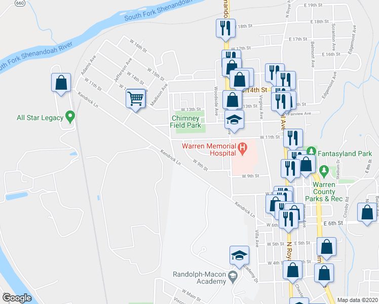 map of restaurants, bars, coffee shops, grocery stores, and more near 361 West 9th Street in Front Royal