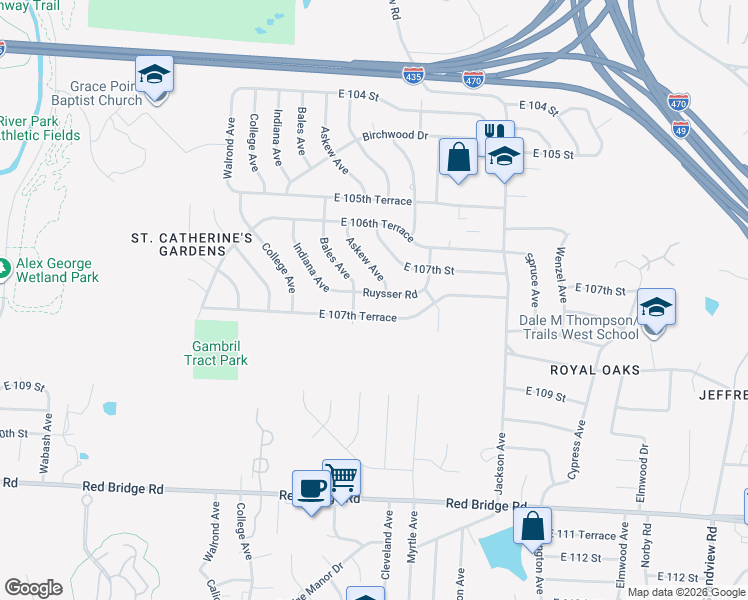 map of restaurants, bars, coffee shops, grocery stores, and more near 3701 Ruysser Road in Kansas City