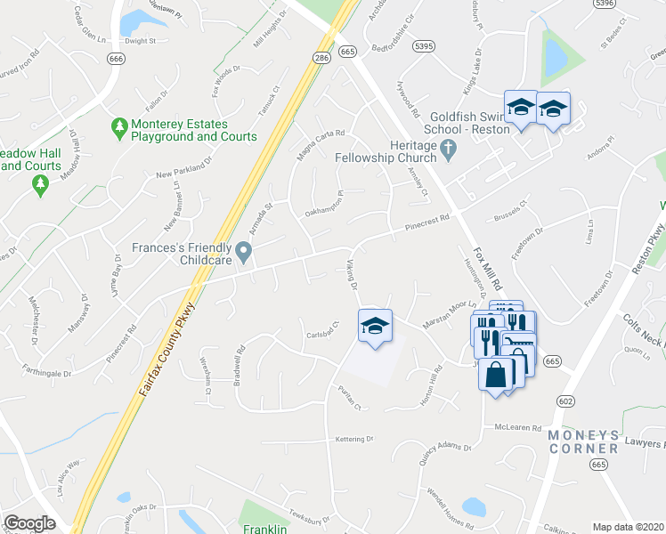 map of restaurants, bars, coffee shops, grocery stores, and more near 2574 Viking Drive in Herndon