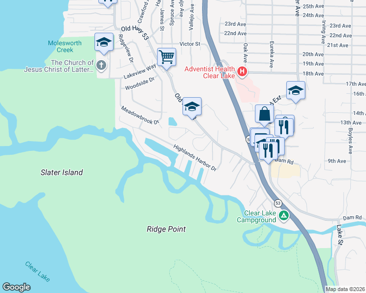 map of restaurants, bars, coffee shops, grocery stores, and more near 15344 Highlands Harbor Drive in Clearlake