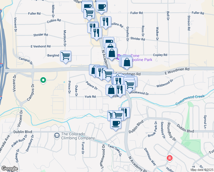 map of restaurants, bars, coffee shops, grocery stores, and more near 6930 North Academy Boulevard in Colorado Springs