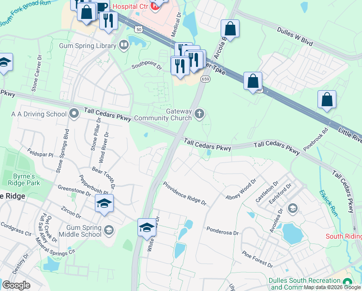map of restaurants, bars, coffee shops, grocery stores, and more near 24831 Community Corner Plaza in South Riding