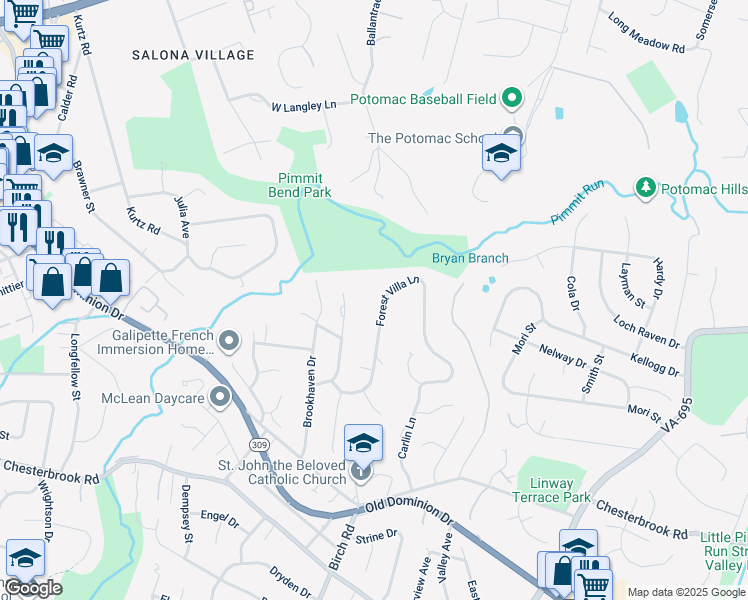 map of restaurants, bars, coffee shops, grocery stores, and more near 1544 Forest Villa Lane in McLean