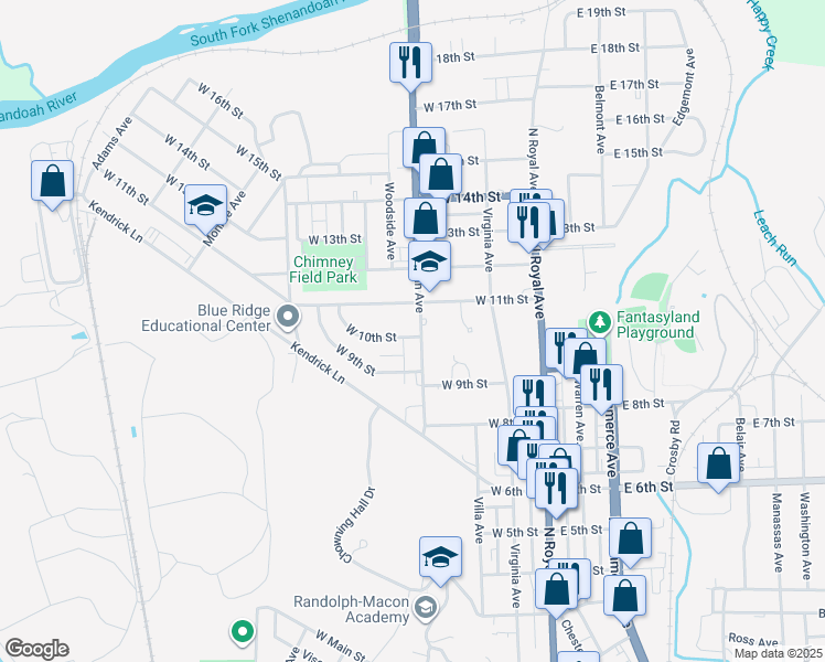 map of restaurants, bars, coffee shops, grocery stores, and more near 303 West 10th Street in Front Royal