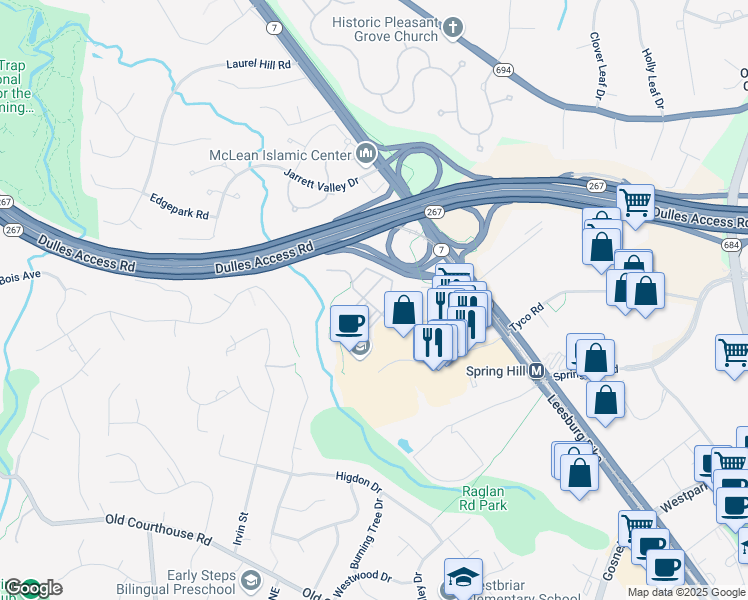 map of restaurants, bars, coffee shops, grocery stores, and more near 8846 Ashgrove House Lane in Vienna