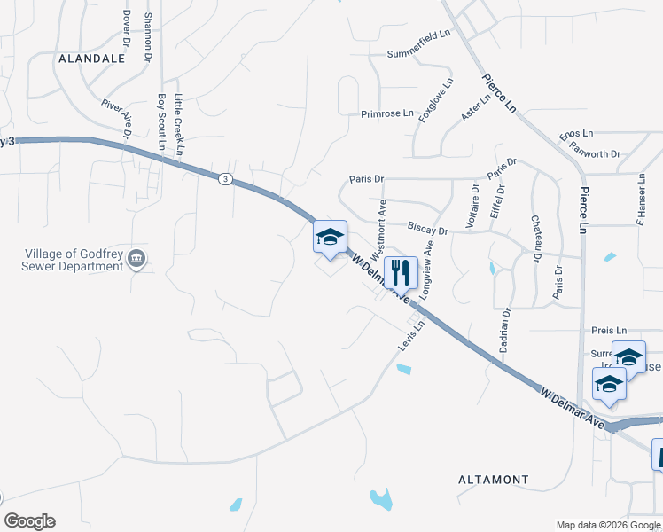 map of restaurants, bars, coffee shops, grocery stores, and more near 1613 West Delmar Avenue in Godfrey