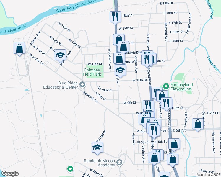 map of restaurants, bars, coffee shops, grocery stores, and more near 315 West 10th Street in Front Royal