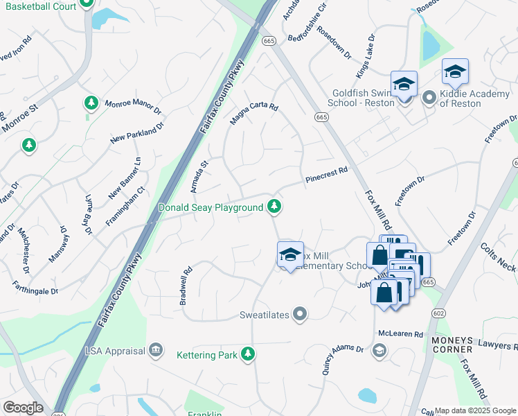 map of restaurants, bars, coffee shops, grocery stores, and more near 2574 Viking Drive in Herndon