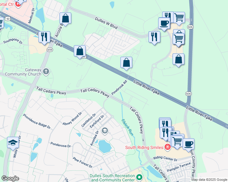 map of restaurants, bars, coffee shops, grocery stores, and more near 24805 Pinebrook Road in Chantilly