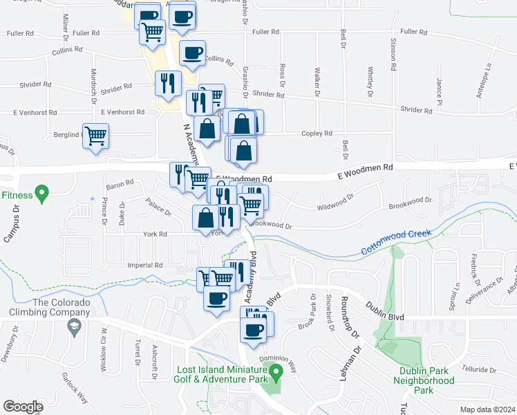 map of restaurants, bars, coffee shops, grocery stores, and more near 6878 Grapewood Circle in Colorado Springs