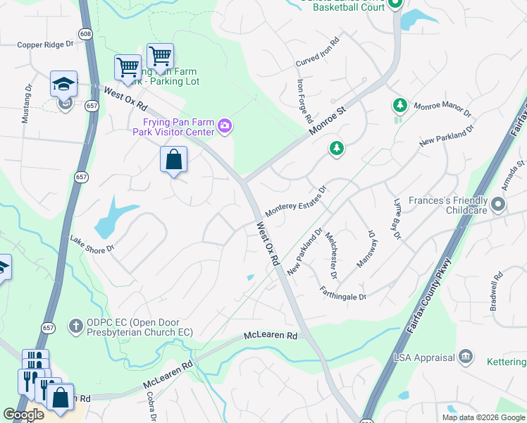 map of restaurants, bars, coffee shops, grocery stores, and more near 13076 Monterey Estates Drive in Herndon