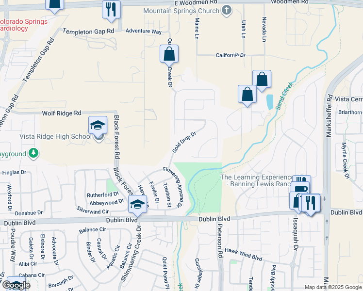 map of restaurants, bars, coffee shops, grocery stores, and more near 6771 Gold Drop Drive in Colorado Springs