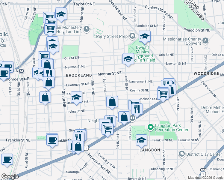 map of restaurants, bars, coffee shops, grocery stores, and more near 1608 Kearny Street in Washington
