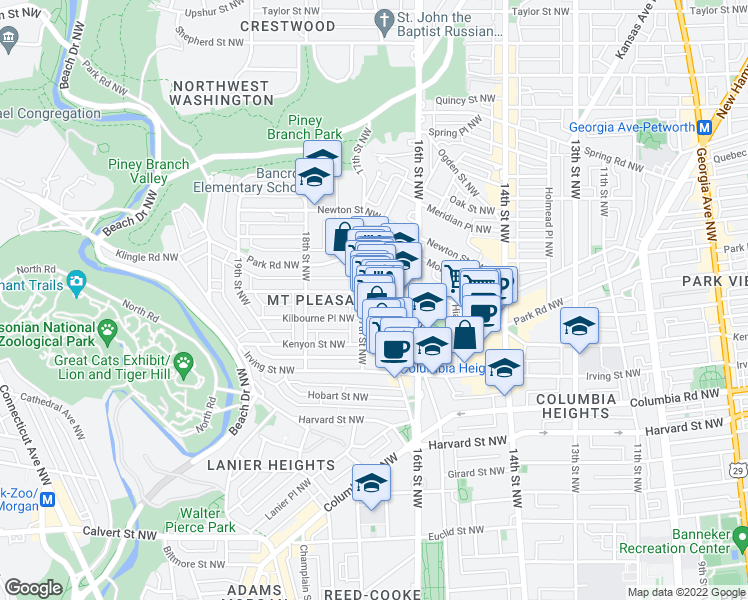 map of restaurants, bars, coffee shops, grocery stores, and more near 3200 Mt Pleasant St NW in Washington
