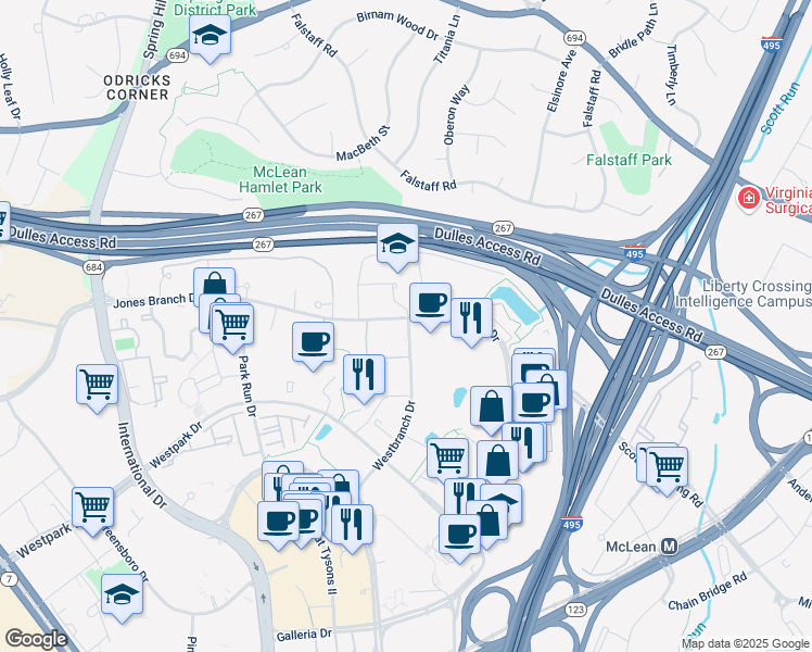 map of restaurants, bars, coffee shops, grocery stores, and more near 1500 Westbranch Drive in Tysons