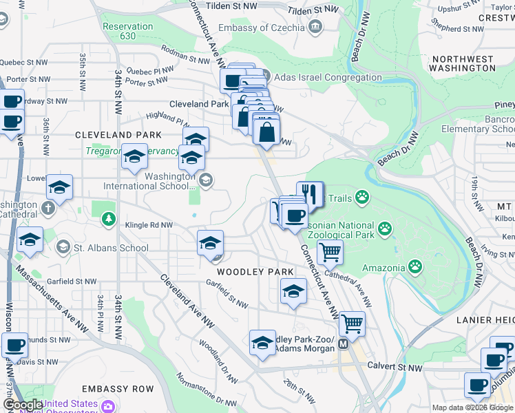 map of restaurants, bars, coffee shops, grocery stores, and more near Devonshire Place Northwest in Washington