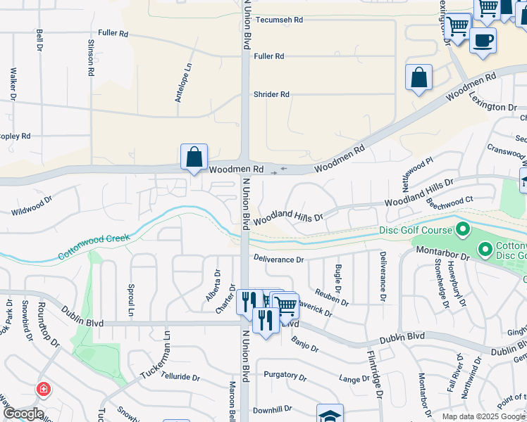 map of restaurants, bars, coffee shops, grocery stores, and more near 2880 Woodland Hills Drive in Colorado Springs