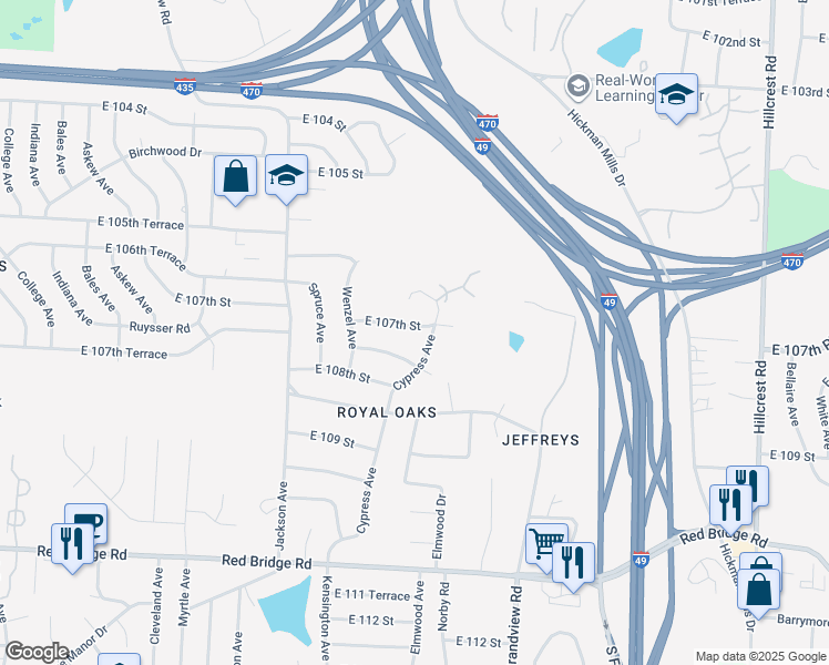 map of restaurants, bars, coffee shops, grocery stores, and more near 10706 Cypress Avenue in Kansas City