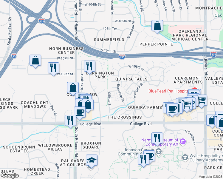 map of restaurants, bars, coffee shops, grocery stores, and more near 10892 Bradshaw Street in Overland Park