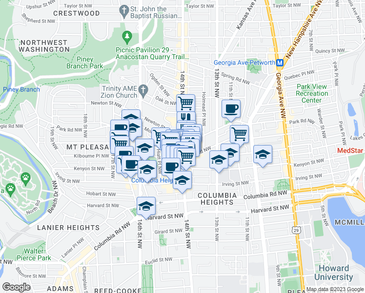 map of restaurants, bars, coffee shops, grocery stores, and more near 14th Street Northwest & Monroe Street Northwest in Washington