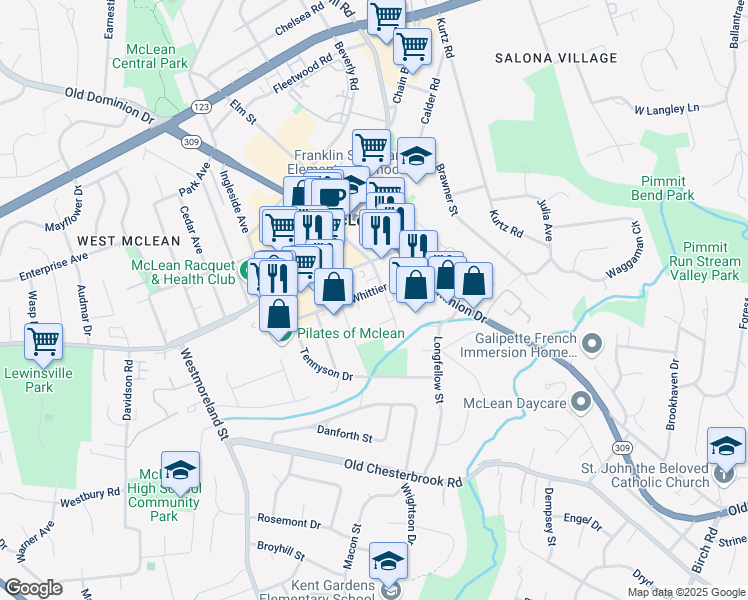 map of restaurants, bars, coffee shops, grocery stores, and more near 6723 Whittier Avenue in McLean
