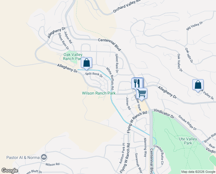 map of restaurants, bars, coffee shops, grocery stores, and more near 2225 Split Rock Drive in Colorado Springs