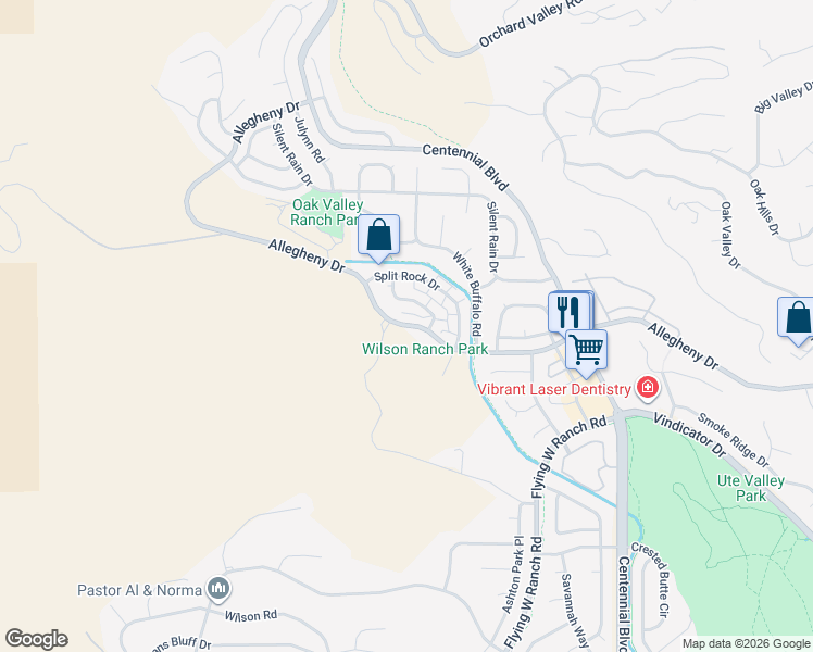map of restaurants, bars, coffee shops, grocery stores, and more near 2442 Allegheny Drive in Colorado Springs