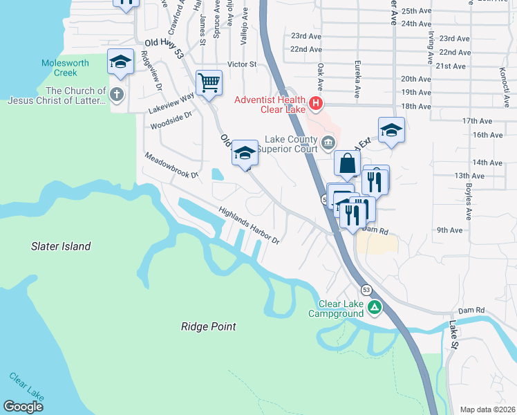 map of restaurants, bars, coffee shops, grocery stores, and more near 7145 Old Highway 53 in Clearlake