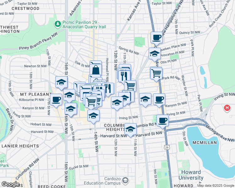 map of restaurants, bars, coffee shops, grocery stores, and more near 101 Independence Avenue Southeast in Washington