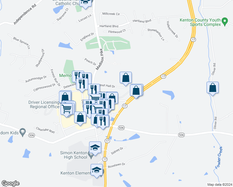 map of restaurants, bars, coffee shops, grocery stores, and more near 2050 Boxer Lane in Independence