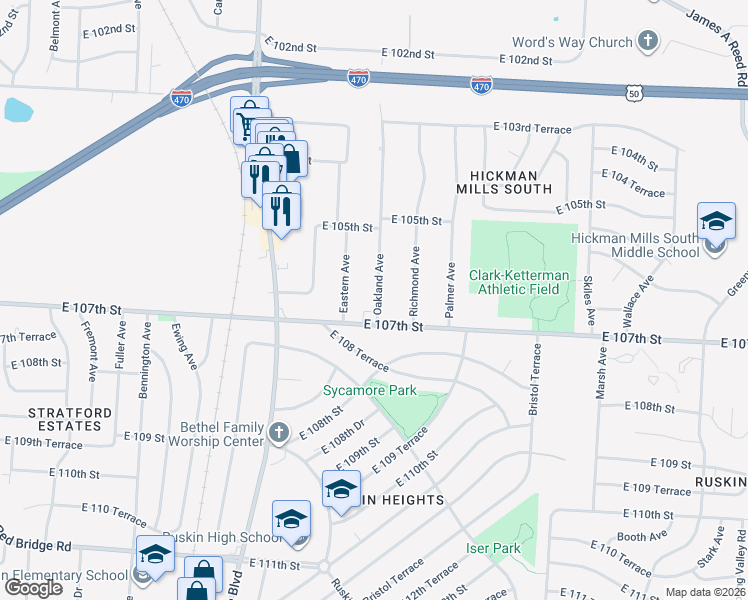 map of restaurants, bars, coffee shops, grocery stores, and more near 10619 Oakland Avenue in Kansas City