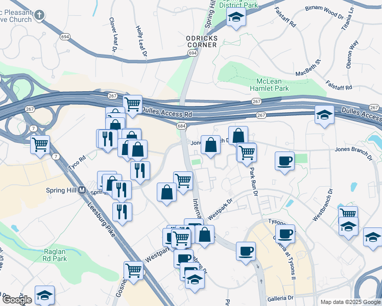 map of restaurants, bars, coffee shops, grocery stores, and more near 8310 Lincoln Lane in Tysons