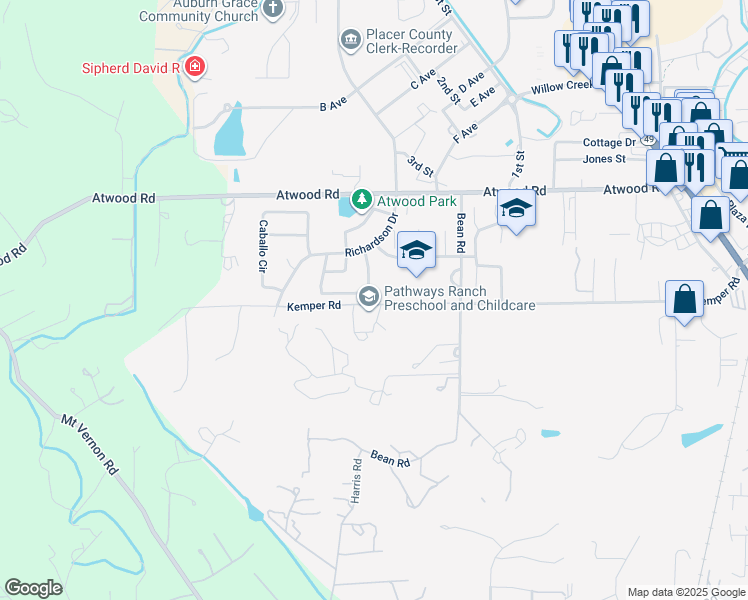 map of restaurants, bars, coffee shops, grocery stores, and more near 11210 Kemper Road in Auburn