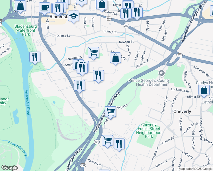 map of restaurants, bars, coffee shops, grocery stores, and more near 5355 Kilmer Place in Hyattsville
