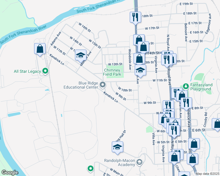 map of restaurants, bars, coffee shops, grocery stores, and more near 366 West 9th Street in Front Royal