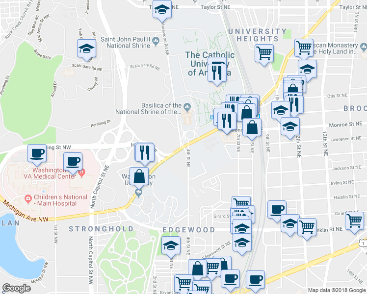 map of restaurants, bars, coffee shops, grocery stores, and more near Michigan Avenue Northeast & 4th Street Northeast in Washington