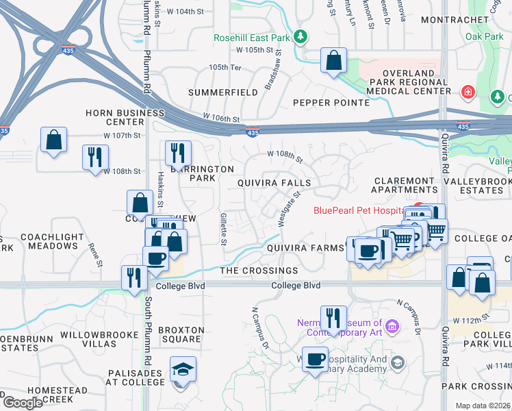 map of restaurants, bars, coffee shops, grocery stores, and more near 10949 Bradshaw Street in Overland Park