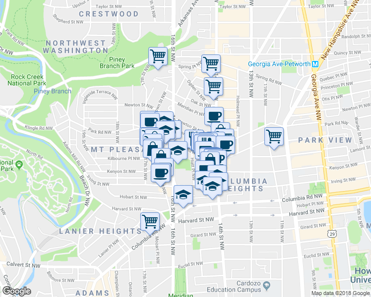 map of restaurants, bars, coffee shops, grocery stores, and more near 1516 Park Road Northwest in Washington