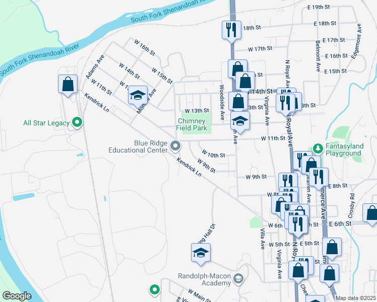 map of restaurants, bars, coffee shops, grocery stores, and more near 366 West 9th Street in Front Royal