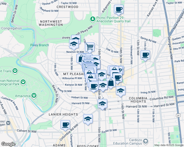 map of restaurants, bars, coffee shops, grocery stores, and more near 1651 Lamont Street Northwest in Washington