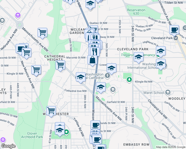 map of restaurants, bars, coffee shops, grocery stores, and more near 3130 Wisconsin Avenue Northwest in Washington