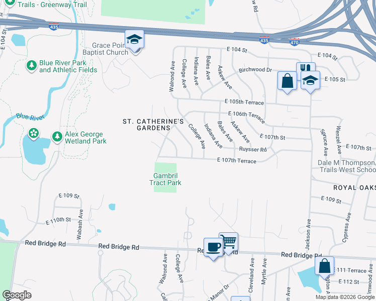 map of restaurants, bars, coffee shops, grocery stores, and more near 3204 East 107th Terrace in Kansas City