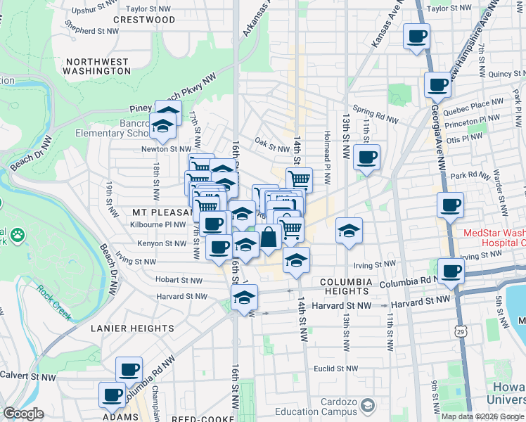 map of restaurants, bars, coffee shops, grocery stores, and more near 1471 Park Road Northwest in Washington