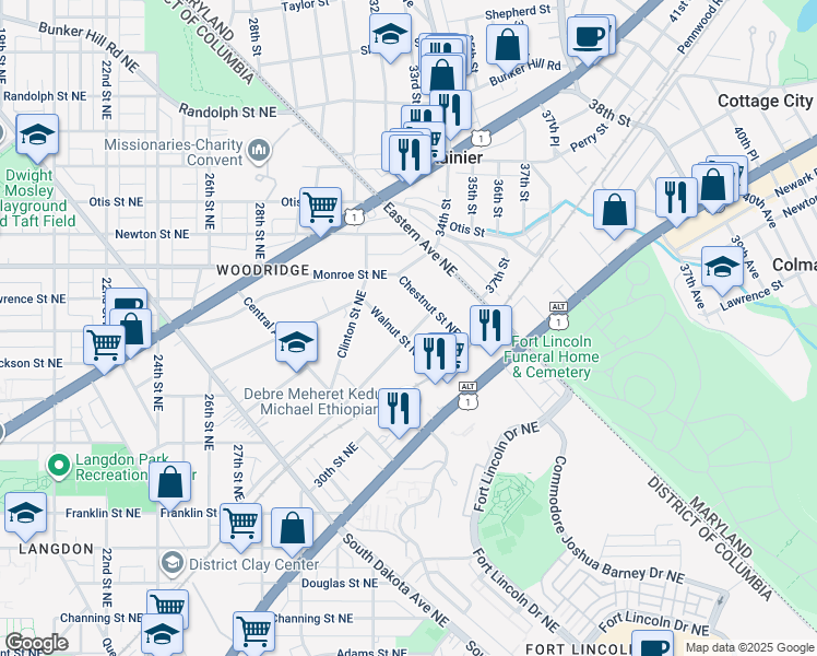 map of restaurants, bars, coffee shops, grocery stores, and more near 3202 Vista Street Northeast in Washington