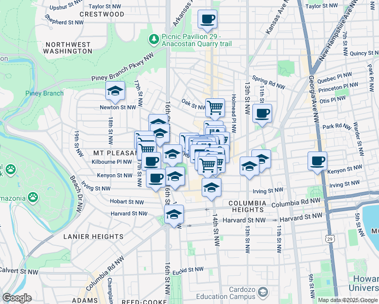 map of restaurants, bars, coffee shops, grocery stores, and more near 1457 Park Road Northwest in Washington