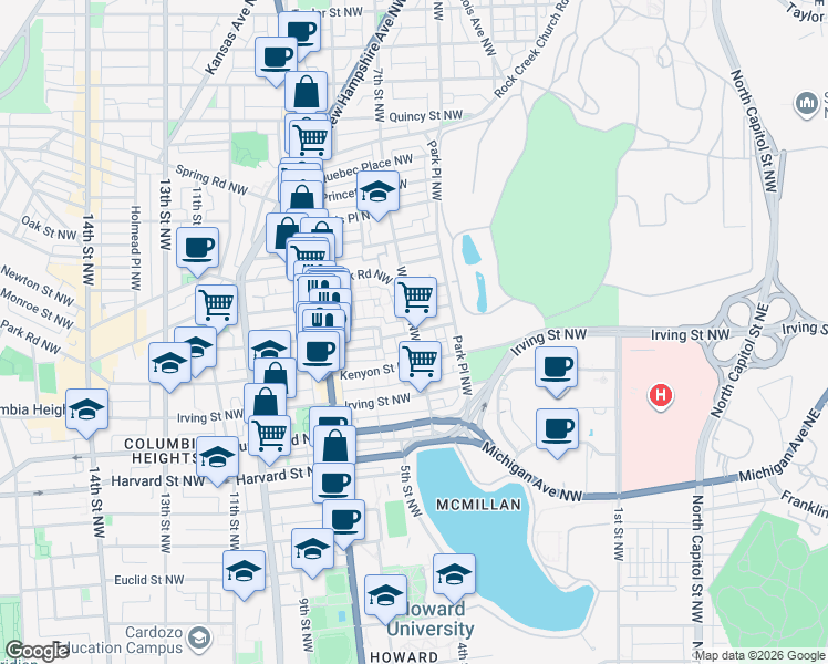 map of restaurants, bars, coffee shops, grocery stores, and more near Warder Street Northwest & Lamont Street Northwest in Washington