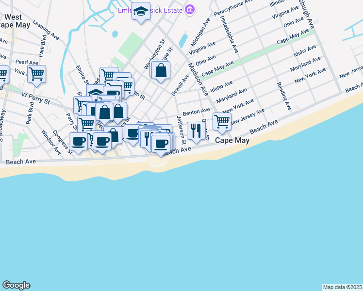 map of restaurants, bars, coffee shops, grocery stores, and more near 809 Beach Avenue in Cape May