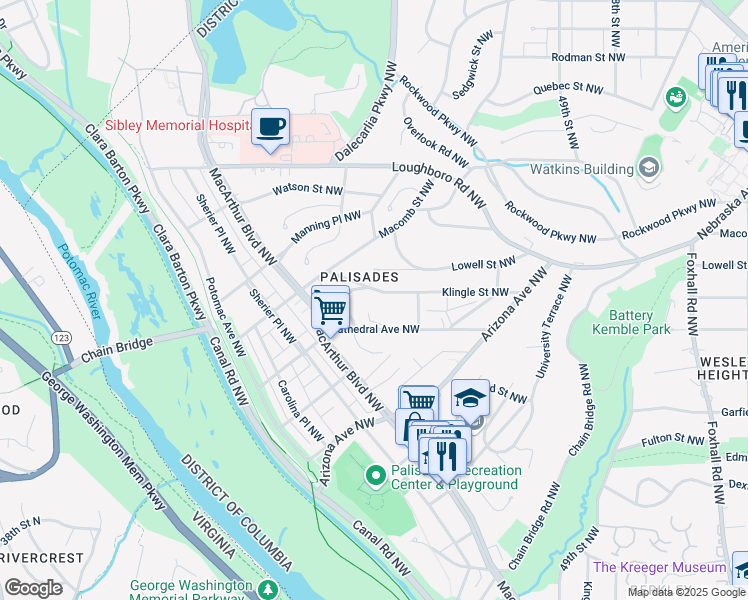 map of restaurants, bars, coffee shops, grocery stores, and more near 5142 Klingle Street Northwest in Washington