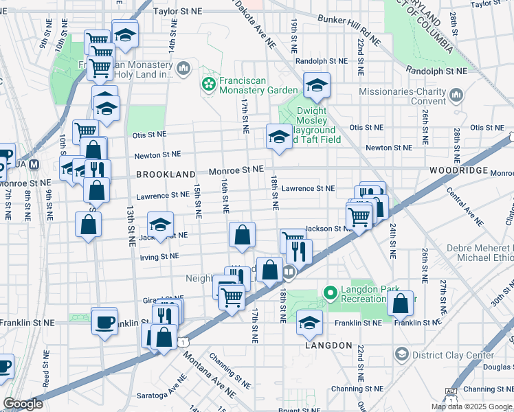 map of restaurants, bars, coffee shops, grocery stores, and more near 1704 Kearny Street Northeast in Washington